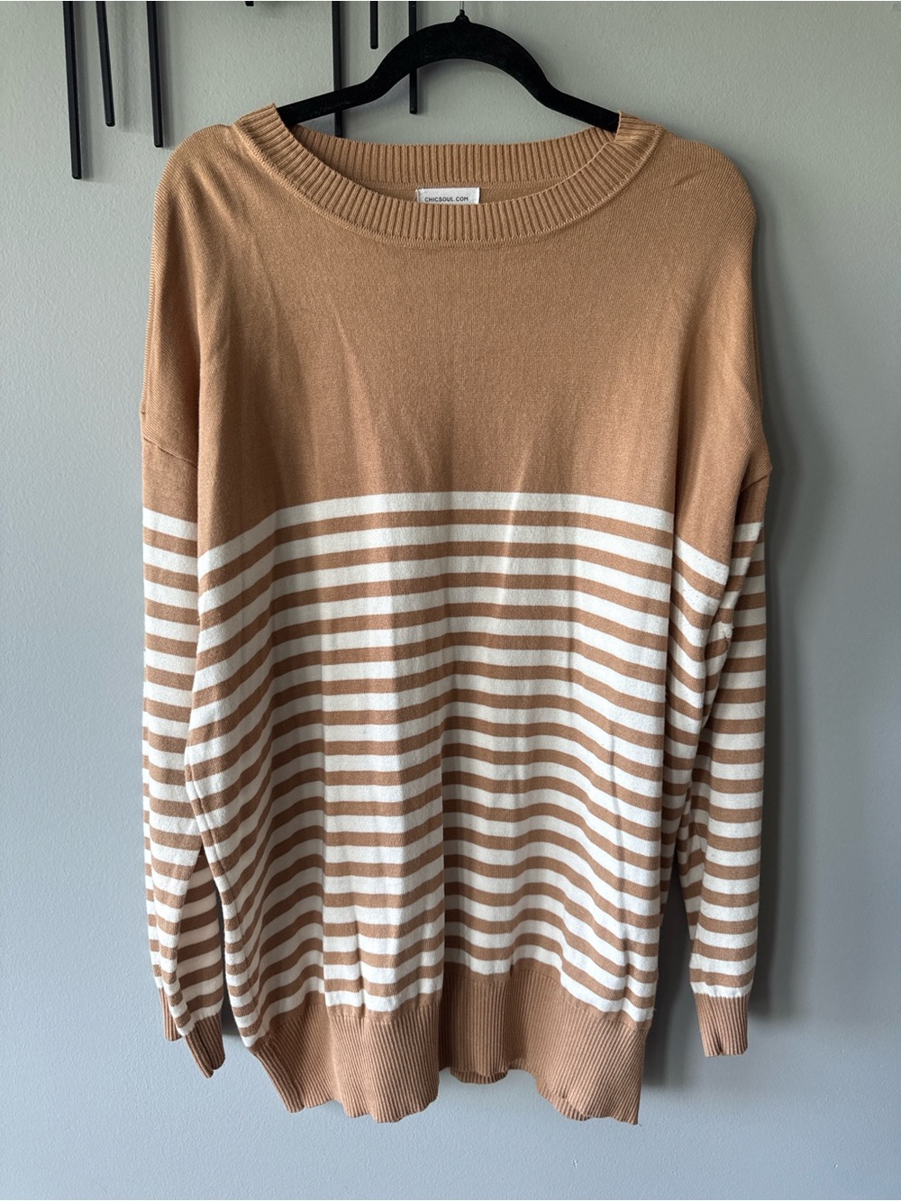 NWOT Chic Soul Camel and White Striped Crewneck Sweater
